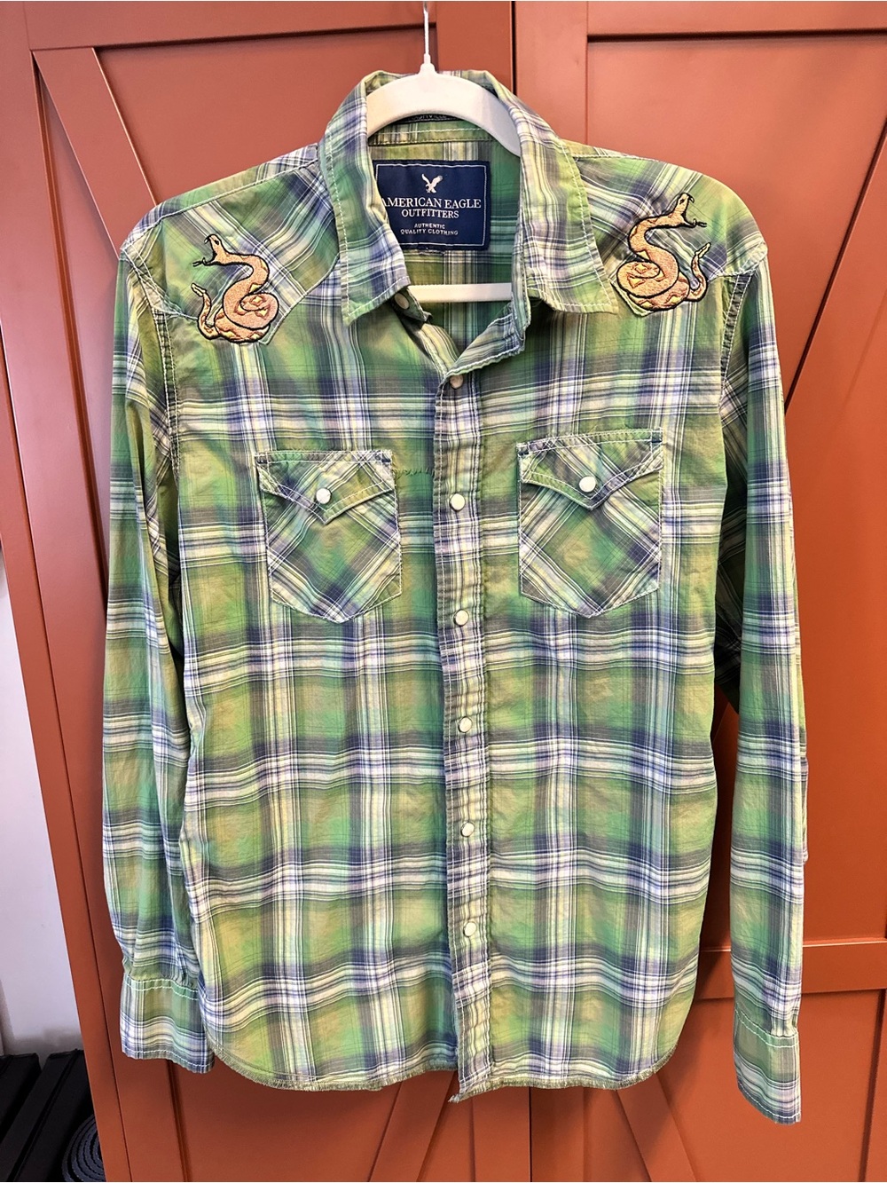 Upcycled Ellie American Eagle Green Plaid Button-Up Shirt with Snakes Embroidery